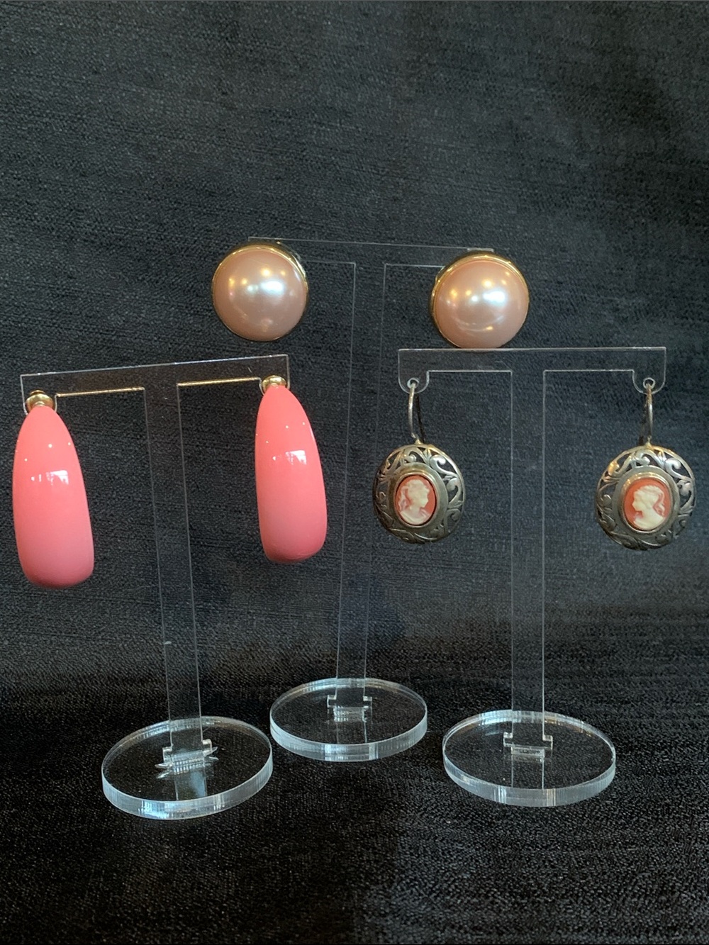 Vintage earrings lot with pink pearl Richelieu studs Cameo and pink metal hoops